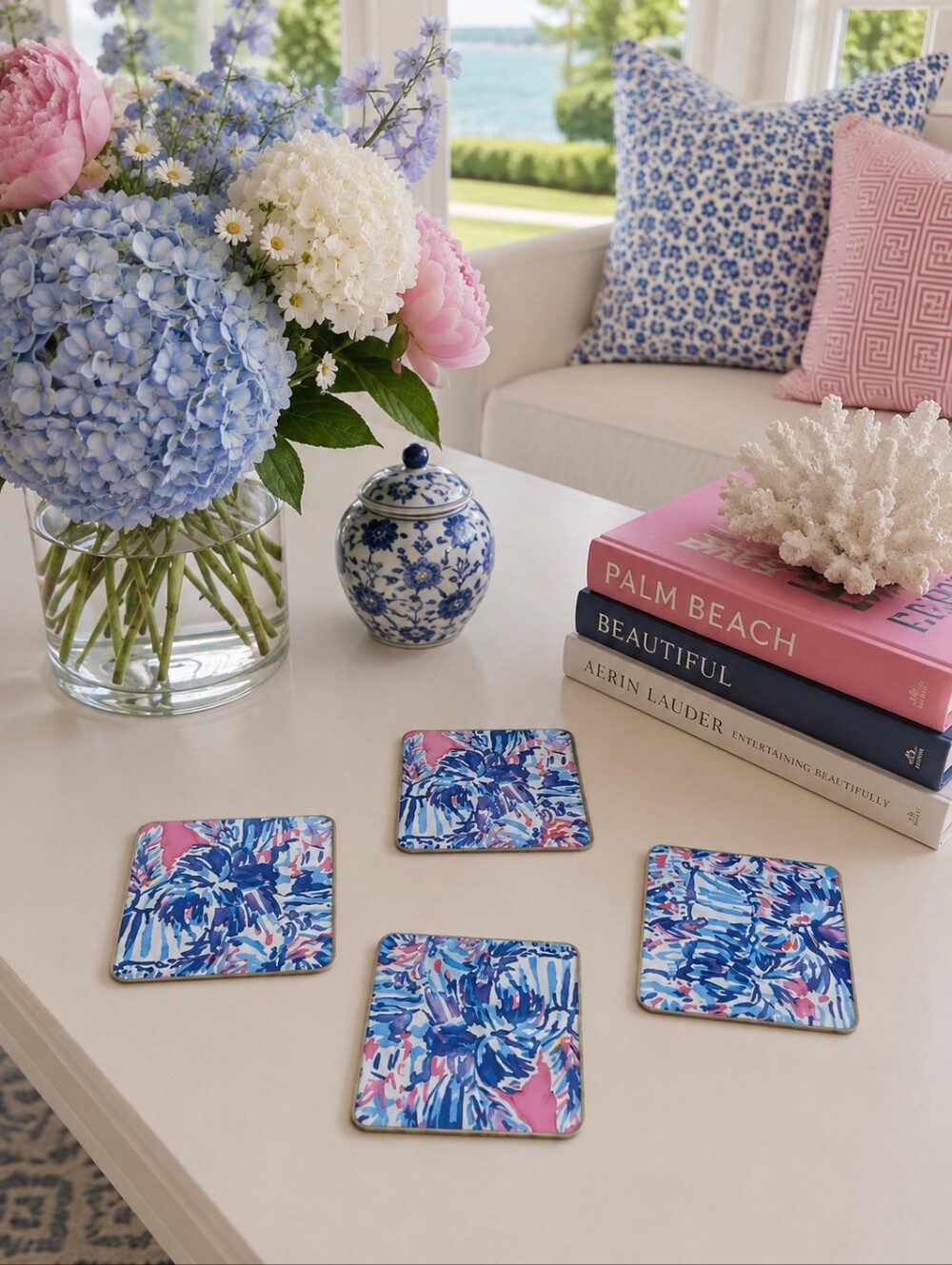 Set Of 4 Handmade Coasters Preppy Coastal Cottage Beachy Entertaining Hostess
